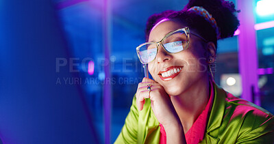 Woman, night and smile in office with neon, tablet and glasses for reading, information technology or coding. Person, girl and developer with click for programming, excited and creative for software
