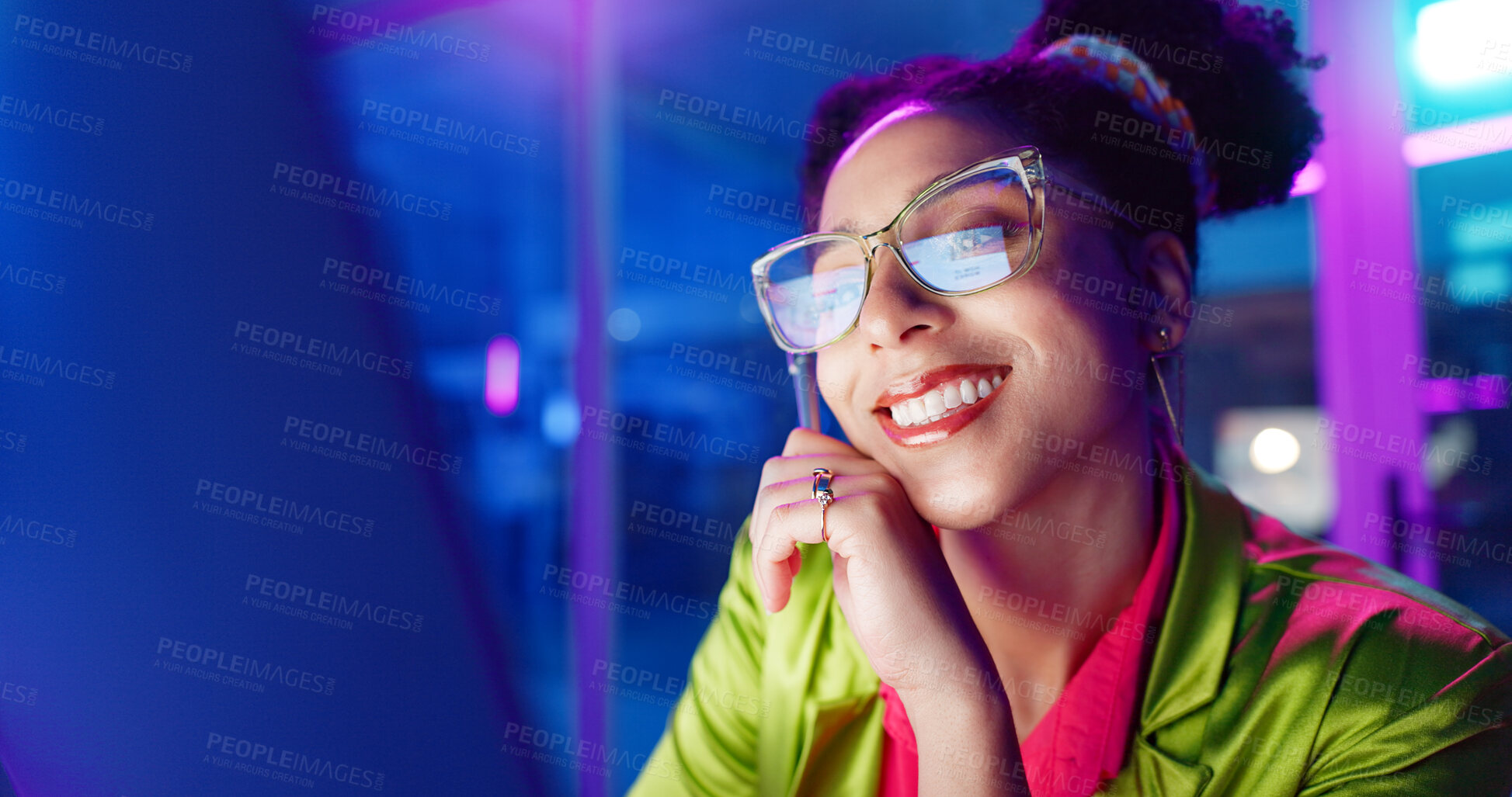 Buy stock photo Woman, night and smile in office with neon, tablet and glasses for reading, information technology or coding. Person, girl and developer with click for programming, excited and creative for software