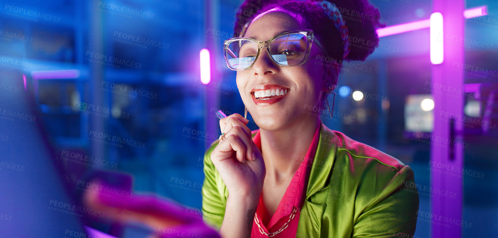 Buy stock photo Woman, night and web development on computer, eyewear and ideas for programming or coding in office. Female person, thinking and reflection for website in neon light, project and planning in dark