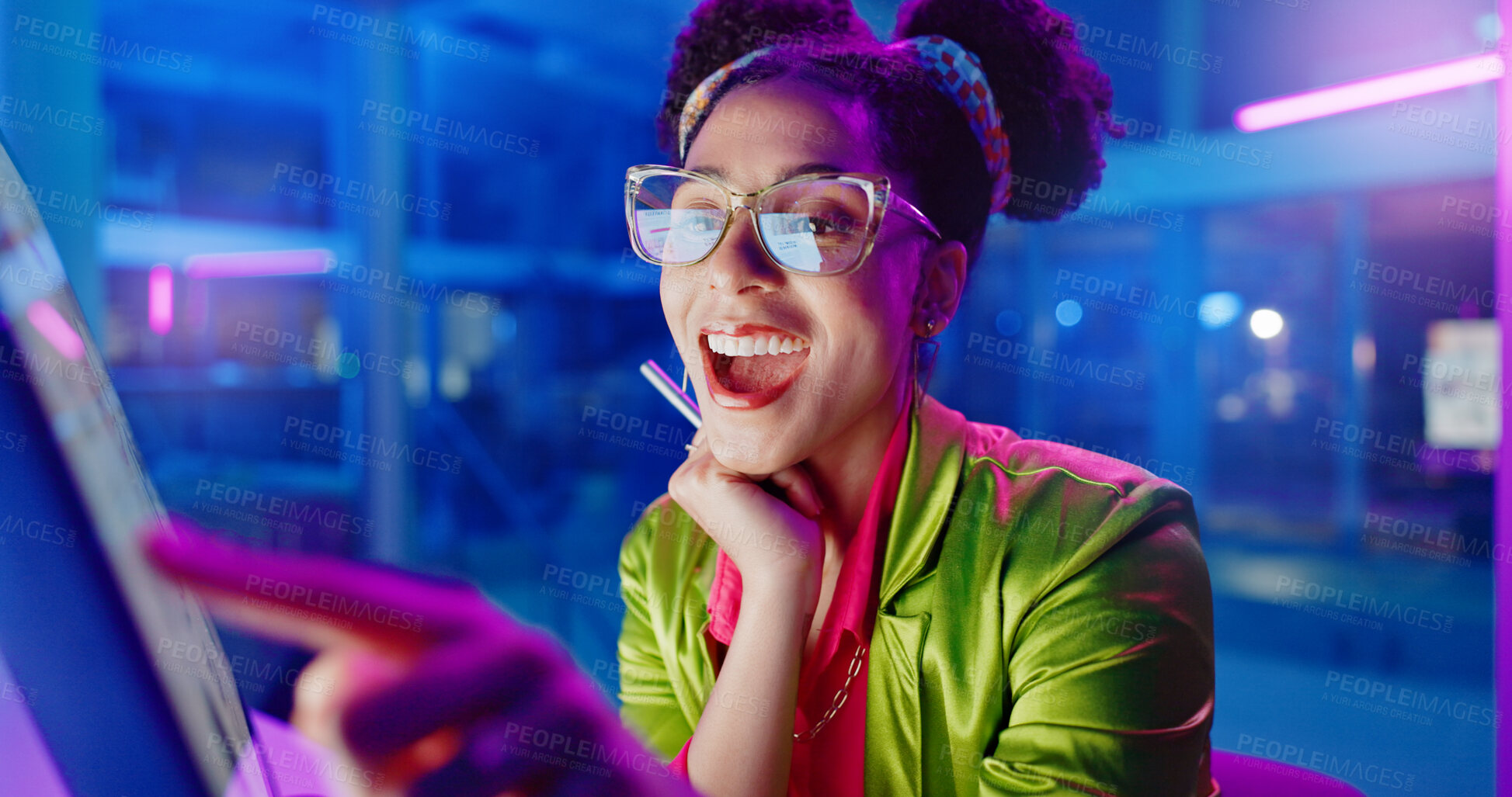 Buy stock photo Business, neon and woman with computer, typing and night with internet and connection. Person, employee and entrepreneur with a project and planning with website information or modern office with app