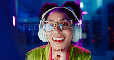 Neon, smile and woman with headphones, listening to audio and streaming music with internet. Person, home and lights with girl and headset for sound or radio with podcast and creative with confidence