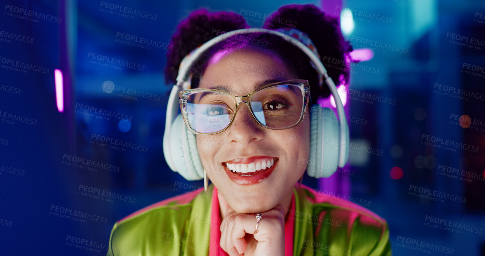 Buy stock photo Neon, smile and woman with headphones, listening to audio and streaming music with internet. Person, home and lights with girl and headset for sound or radio with podcast and creative with confidence