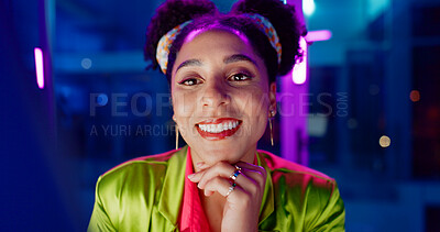 Buy stock photo Woman, night and excited in office with neon, tablet or scroll for reading with problem solving at coding job. Person, girl and developer with click for programming, solution or creative for software