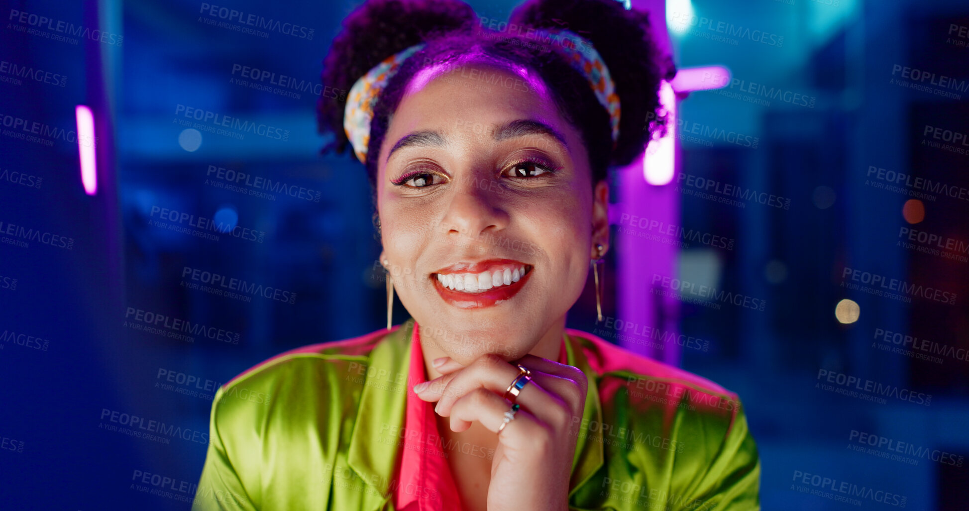 Buy stock photo Woman, night and excited in office with neon, tablet or scroll for reading with problem solving at coding job. Person, girl and developer with click for programming, solution or creative for software