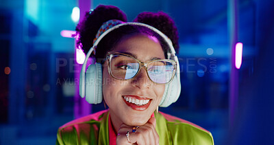 Buy stock photo Neon, smile and woman with headphones, listening to audio and streaming music with internet. Person, home and lights with girl and headset for sound or radio with podcast and creative with confidence