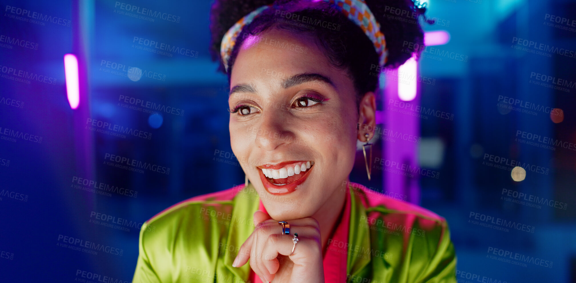 Buy stock photo Woman, night and excited in office with neon, tablet or scroll for reading with problem solving at coding job. Person, girl and developer with click for programming, solution or creative for software