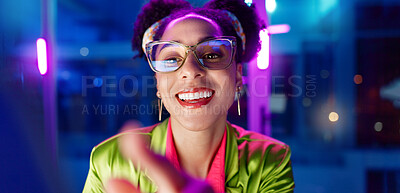 Woman, night and smile in office with neon, tablet and glasses for reading, information technology or coding. Person, girl and developer with click for programming, excited and creative for software