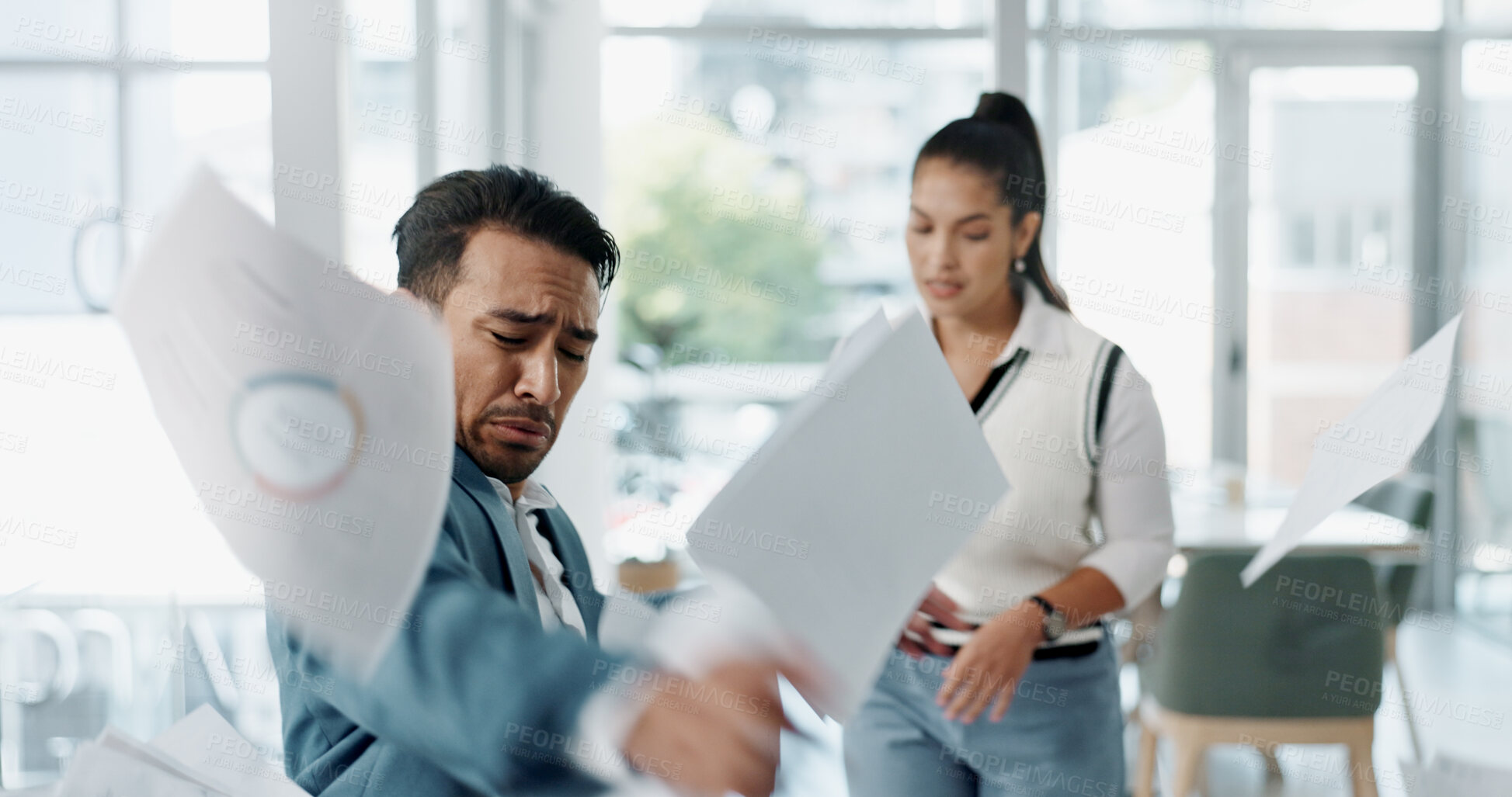 Buy stock photo Man, falling and paperwork in busy toxic office with accident, crash and angry business people. Frustrated, walking and conflict with rude businessman, busy worker and documents in air at workplace