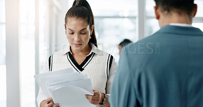 Buy stock photo Man, woman and bullying in toxic office with falling paperwork, crash and angry business people. Frustrated, walking and conflict with rude businessman, busy worker and documents in air at workplace