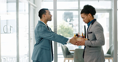 Buy stock photo Fired, cardboard box and business man with angry manager and sad employee in a office. Termination, stress and worker leaving a public relations firm with employment dismissal at a company with fail