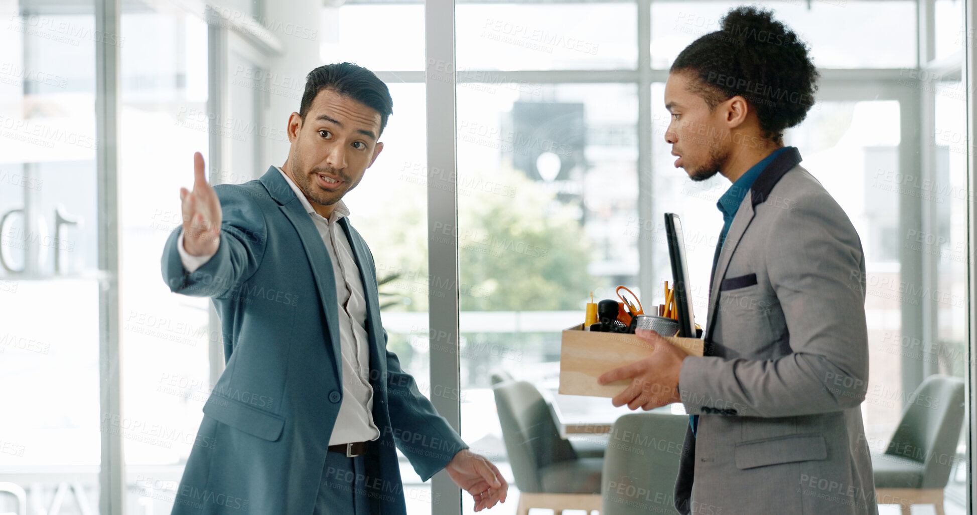 Buy stock photo Fired, cardboard box and business man fight with angry manager and employee in a office. Termination, frustrated and worker leaving with struggle from employment dismissal at a company with fail