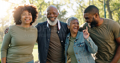 Buy stock photo Huddle, portrait and group of people outdoor with collaboration, teamwork and solidarity for charity work. Hug, smile and volunteer or ngo in park with cooperation, community or together for donation