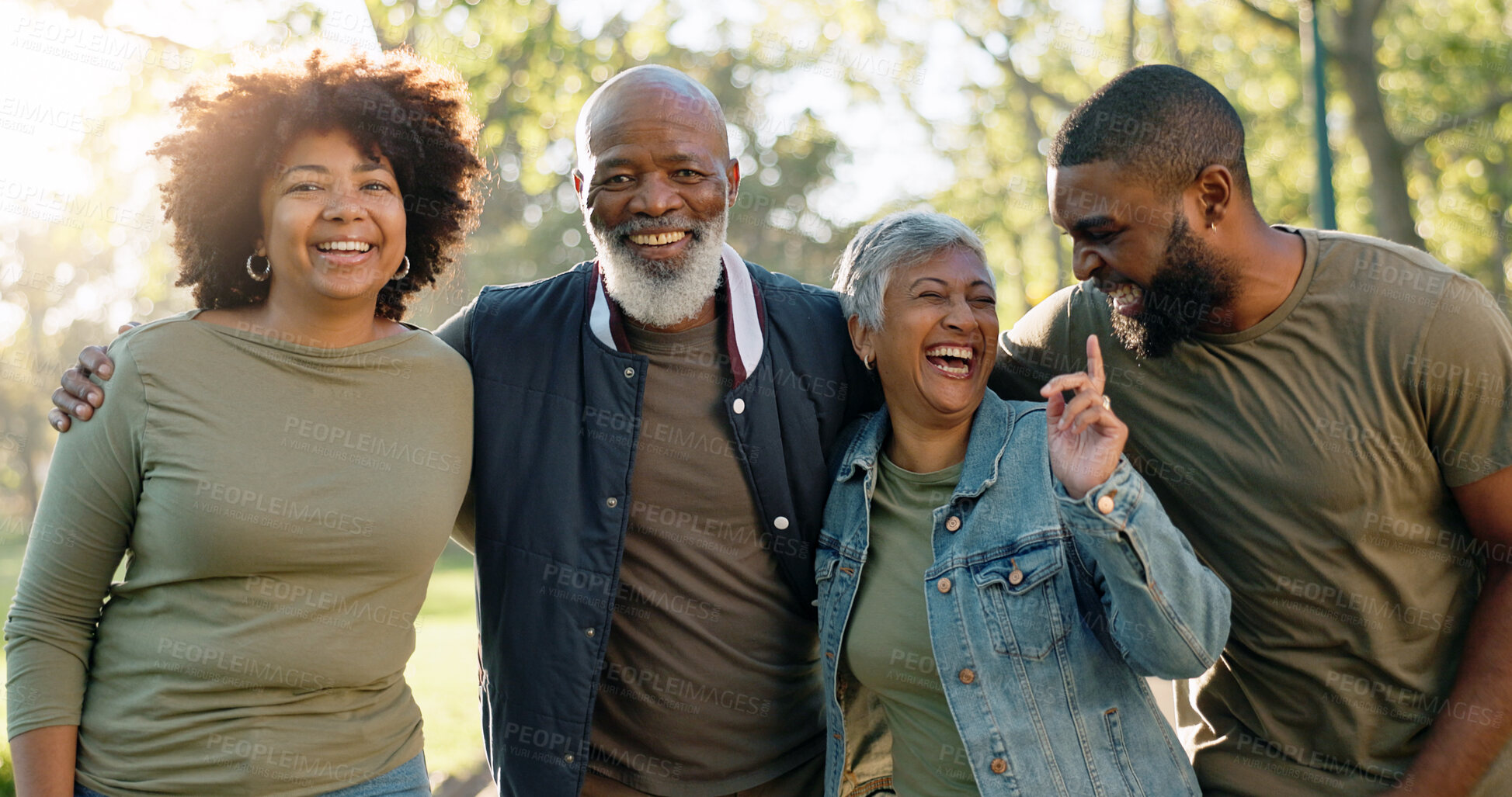 Buy stock photo Huddle, portrait and group of people outdoor with collaboration, teamwork and solidarity for charity work. Hug, smile and volunteer or ngo in park with cooperation, community or together for donation