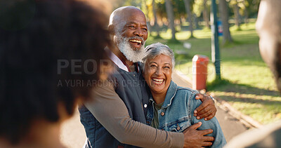 Buy stock photo Hug, funny and senior couple with love, celebration and happiness with sunshine, relationship and bonding together. People, outdoor and old man with woman, laughing in park and smile with embrace