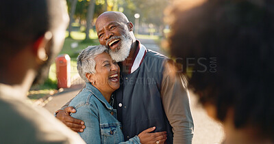 Buy stock photo Hug, love and senior couple in park, excited and happiness with joke, funny and bonding together. People, outdoor and men with women, cheerful or laughing with weekend break, romance and relationship