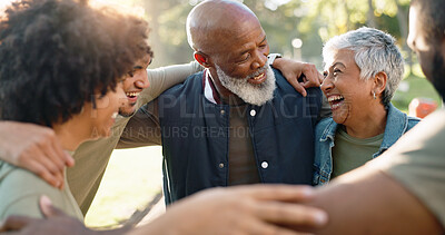 Buy stock photo Happy, huddle and people in park hug for community, teamwork and solidarity in nature. Friends, diversity and men and women together for cooperation, collaboration and volunteer project outdoors