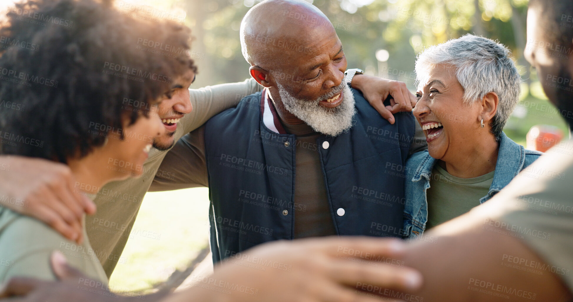 Buy stock photo Happy, huddle and people in park hug for community, teamwork and solidarity in nature. Friends, diversity and men and women together for cooperation, collaboration and volunteer project outdoors