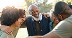 Huddle, happy and group of people outdoor with collaboration, teamwork and solidarity for charity. Hug, smile and volunteer or ngo in park with cooperation, community and eco friendly for donation