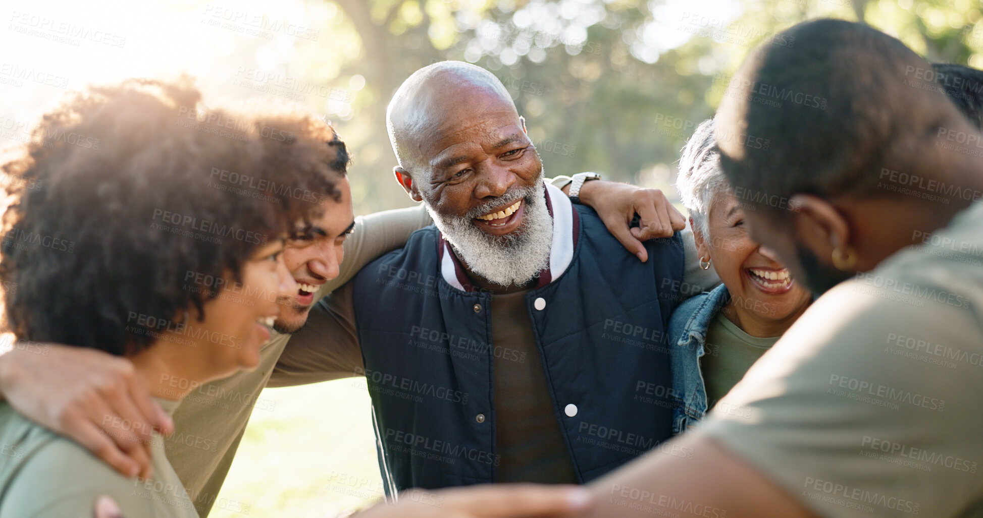 Buy stock photo Huddle, happy and group of people outdoor with collaboration, teamwork and solidarity for charity. Hug, smile and volunteer or ngo in park with cooperation, community and eco friendly for donation