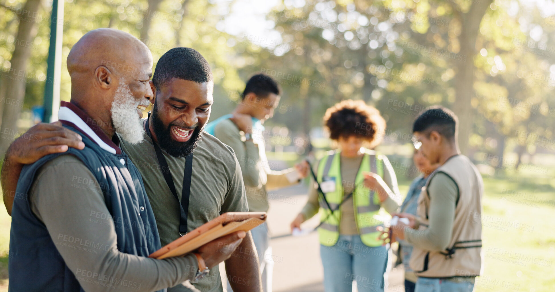 Buy stock photo Park, people and volunteers checklist with tablet for support, community project or nature sustainability. Humanitarian, recycling or senior leader in charity service or NGO for pollution cleanup