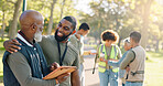 Park, people and volunteers success with tablet for data support, community project or nature sustainability. Humanitarian, recycling or senior leader in charity service or NGO for pollution cleanup