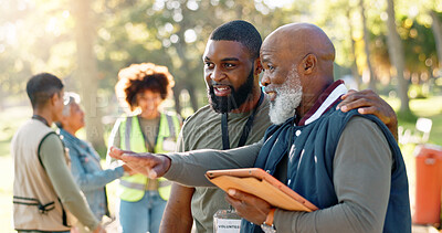 Buy stock photo Cleanup, people and volunteers planning with tablet for support, community project or nature sustainability. Humanitarian, recycling or senior leader in charity service or NGO for park pollution