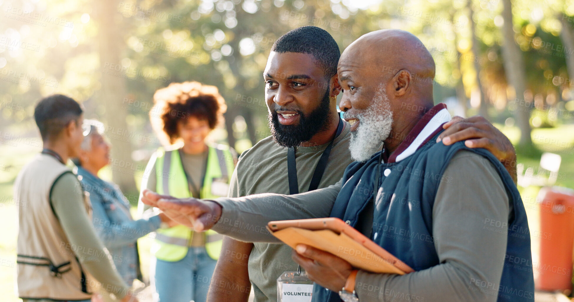 Buy stock photo Cleanup, people and volunteers planning with tablet for support, community project or nature sustainability. Humanitarian, recycling or senior leader in charity service or NGO for park pollution