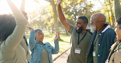 Buy stock photo Park, people and volunteers celebration with high five for support, community project or nature sustainability. Humanitarian, recycling and climate in charity service or NGO for pollution cleanup