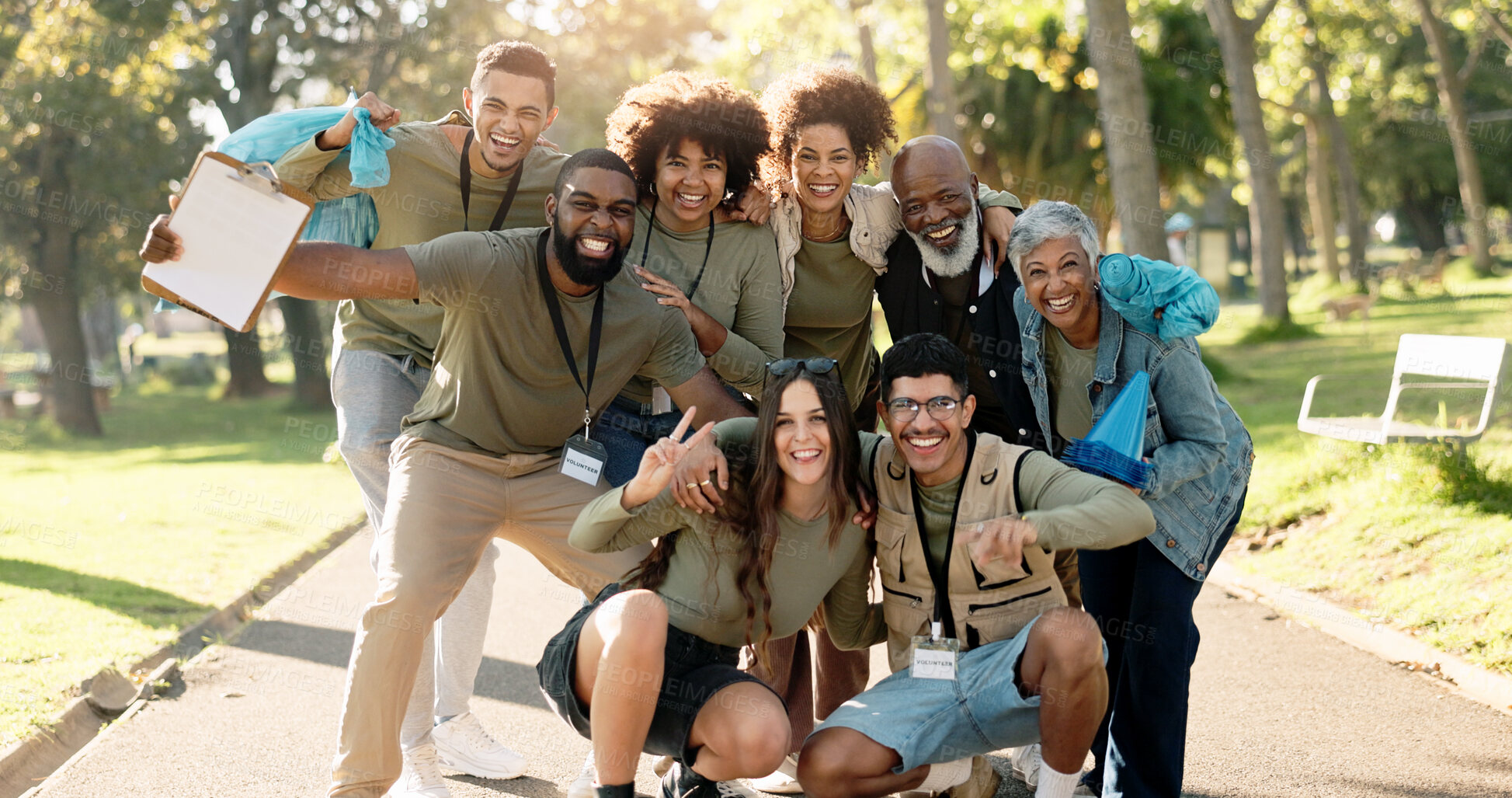 Buy stock photo People, volunteer and happy together in nature, teamwork and environment sustainability project with group. Recycle, waste management and cleaning outside trash, help and ngo or community support