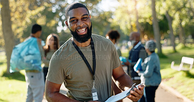 Buy stock photo Man, volunteer and happy portrait with clipboard in nature, supervisor and environment sustainability project with group. Recycle, waste management and cleaning outside trash, help and ngo support