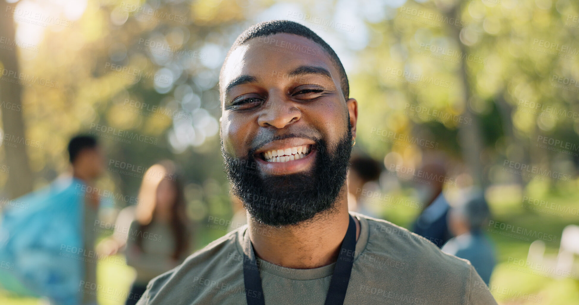 Buy stock photo Black man, portrait and happy in park for donation, volunteer and community service work with smile. African person, charity and eco friendly outdoor for change, project and sustainability with NGO