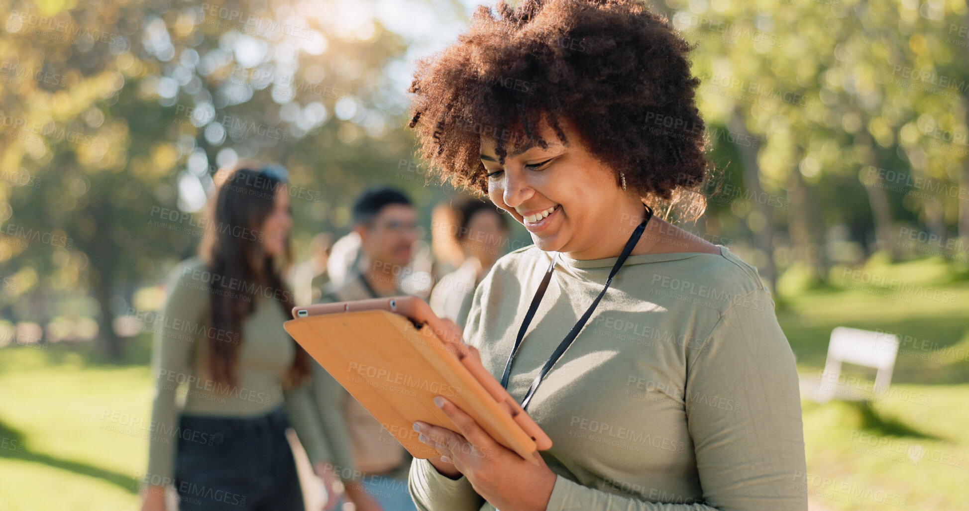 Buy stock photo Black woman, tablet or smile in outdoor for reading or check, interview research for community news. Female journalist, park or ebook with happy story on social media, tech for job in Costa Rica