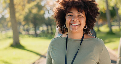 Buy stock photo Black woman, portrait and happy in park for charity, volunteer and community service work with donation. African person, smile and green outdoor for change, project or sustainability with NGO support