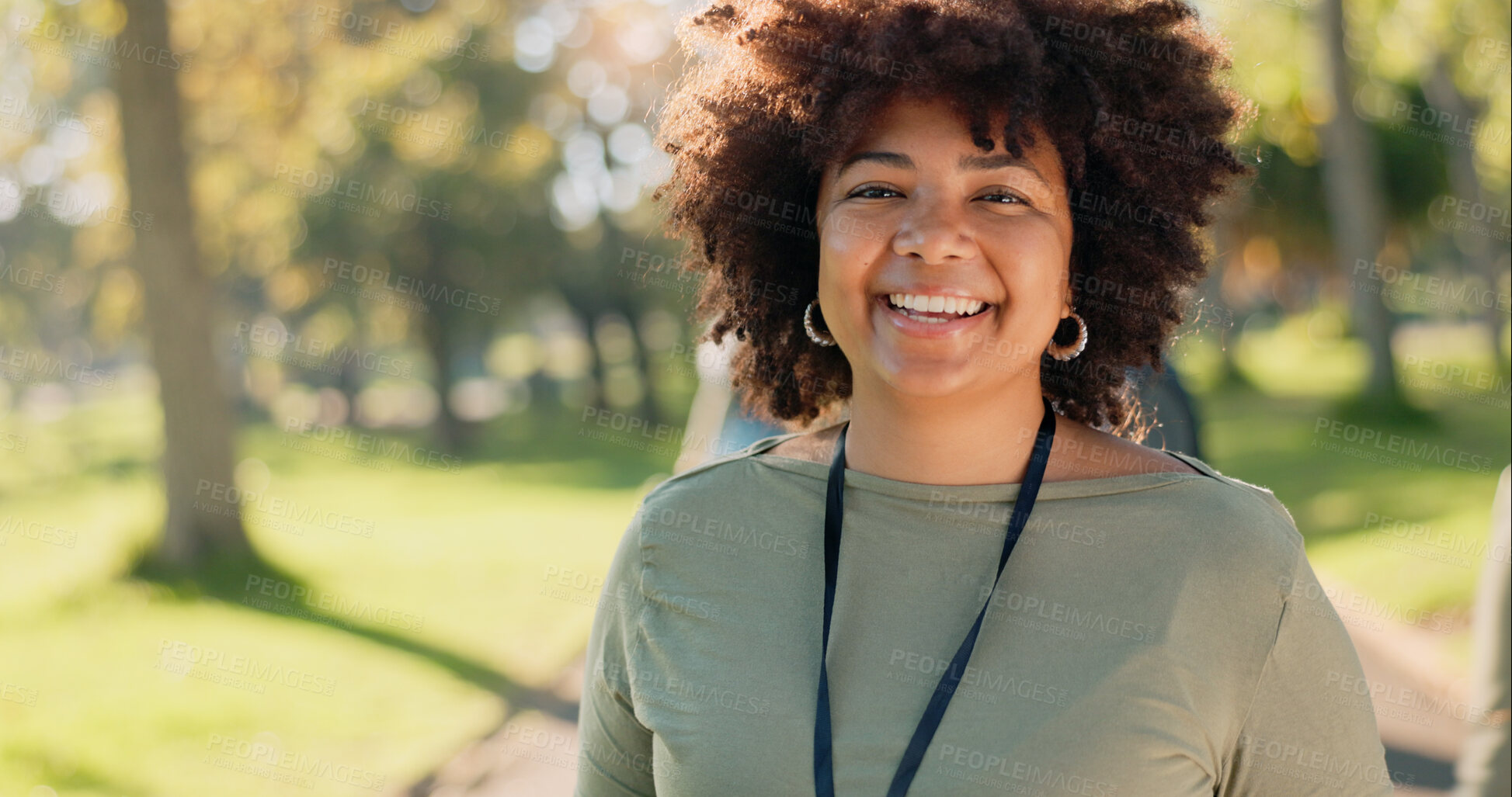 Buy stock photo Black woman, portrait and happy in park for charity, volunteer and community service work with donation. African person, smile and green outdoor for change, project or sustainability with NGO support