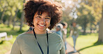 Black woman, happy and portrait in park for charity, volunteer and community service work with donation. African person, smile and green outdoor for change, project or sustainability with NGO support
