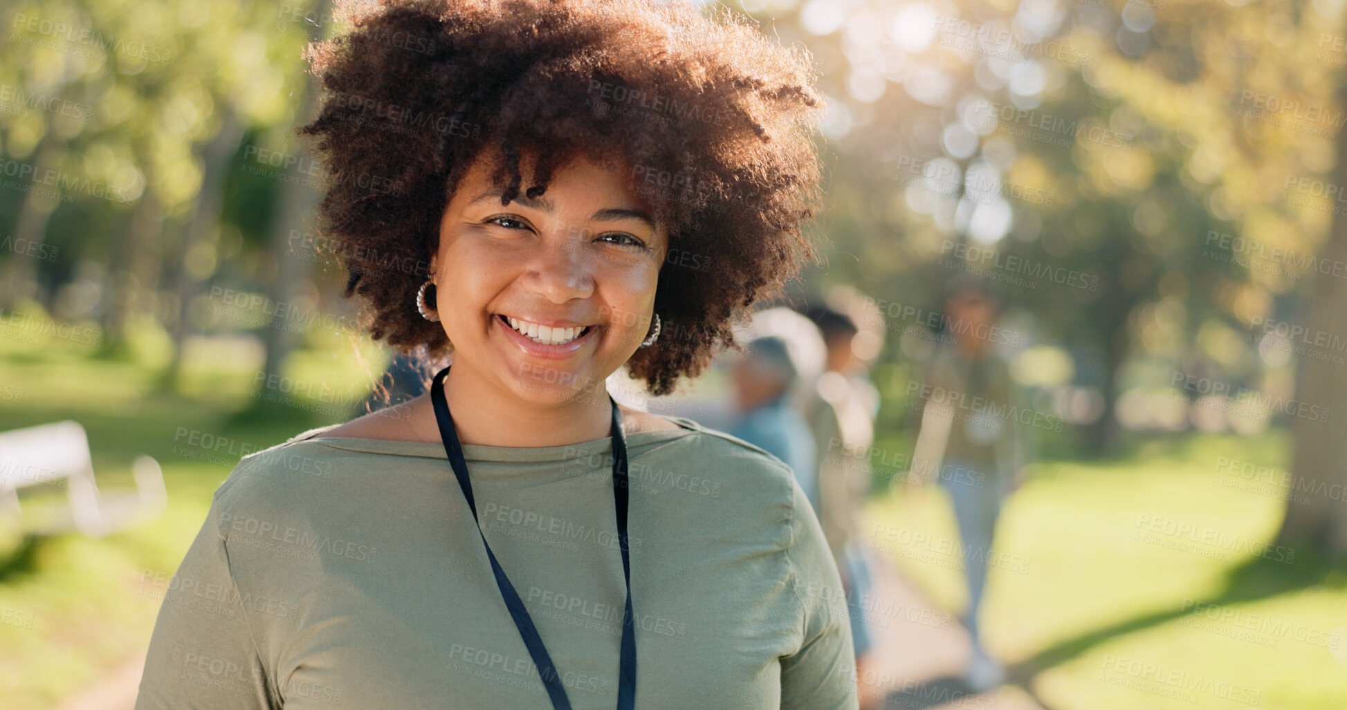 Buy stock photo Black woman, happy and portrait in park for charity, volunteer and community service work with donation. African person, smile and green outdoor for change, project or sustainability with NGO support