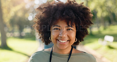 Buy stock photo Black woman, portrait and happy in park for charity, volunteer and community service work with donation. African person, smile and eco friendly outdoor for change, project or sustainability with NGO