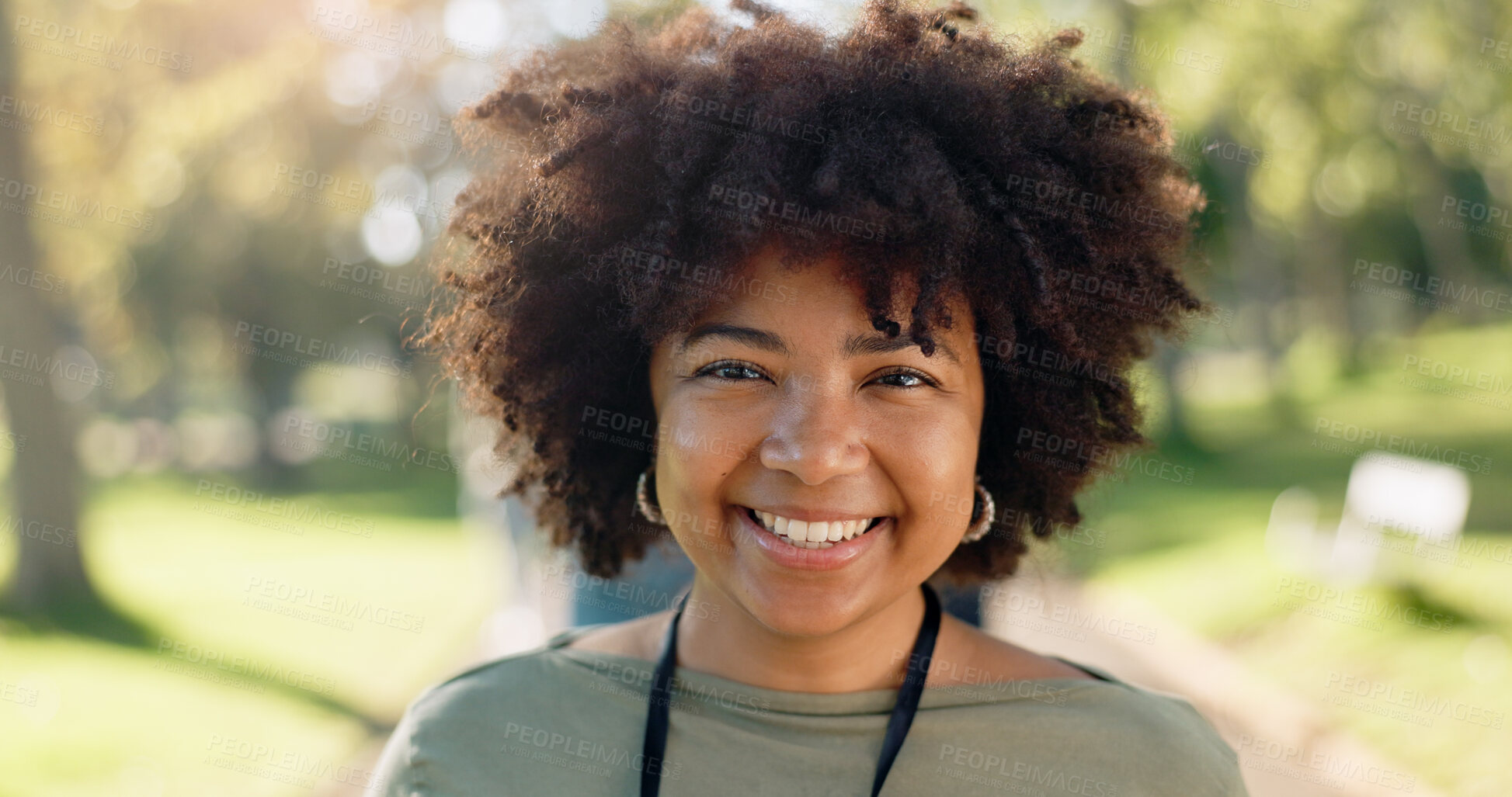 Buy stock photo Black woman, portrait and happy in park for charity, volunteer and community service work with donation. African person, smile and eco friendly outdoor for change, project or sustainability with NGO