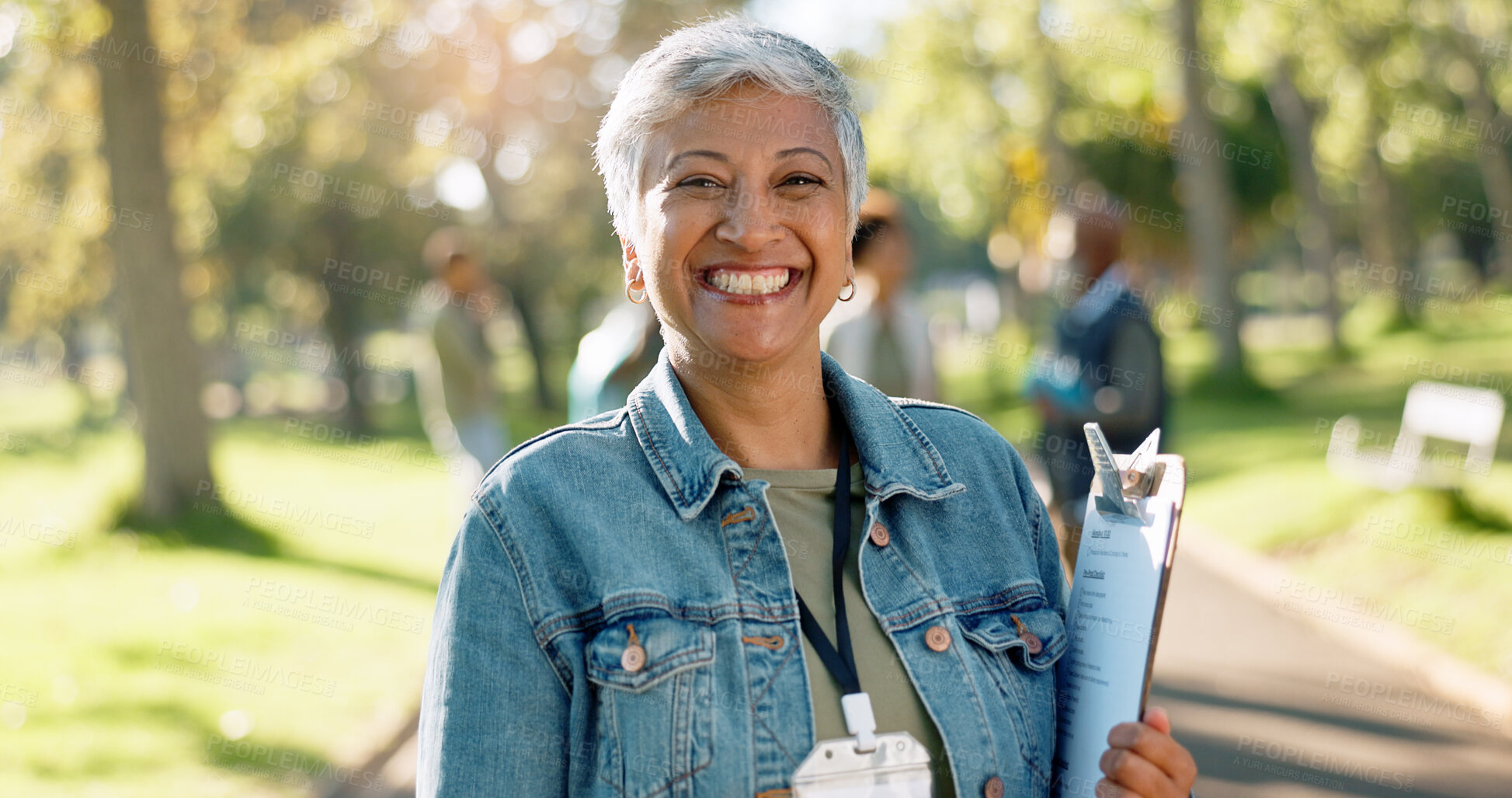 Buy stock photo Charity, woman and portrait of volunteer with clipboard for waste checklist, inspection and community service. Female manager, park or nature for cleaning, nonprofit project and welfare with smile