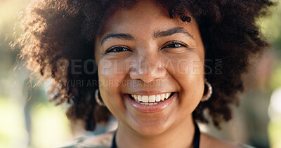 Buy stock photo Happy woman, portrait and volunteer with mission for change, eco friendly environment or help in nature. Face of young female person with smile for NGO, go green or community service at outdoor park