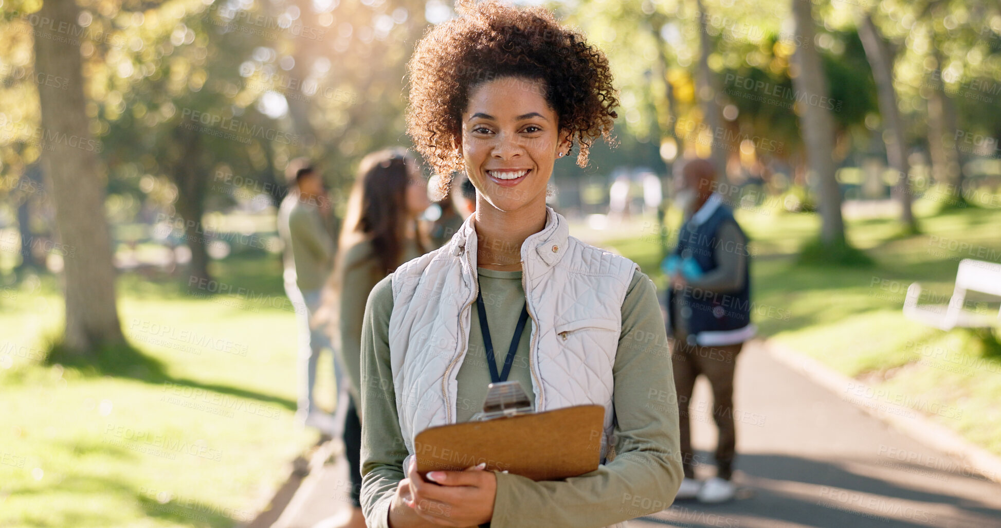 Buy stock photo Happy woman, portrait and volunteer with clipboard for change, eco friendly environment or help in nature. Young female person with smile for NGO, go green or community service survey at outdoor park