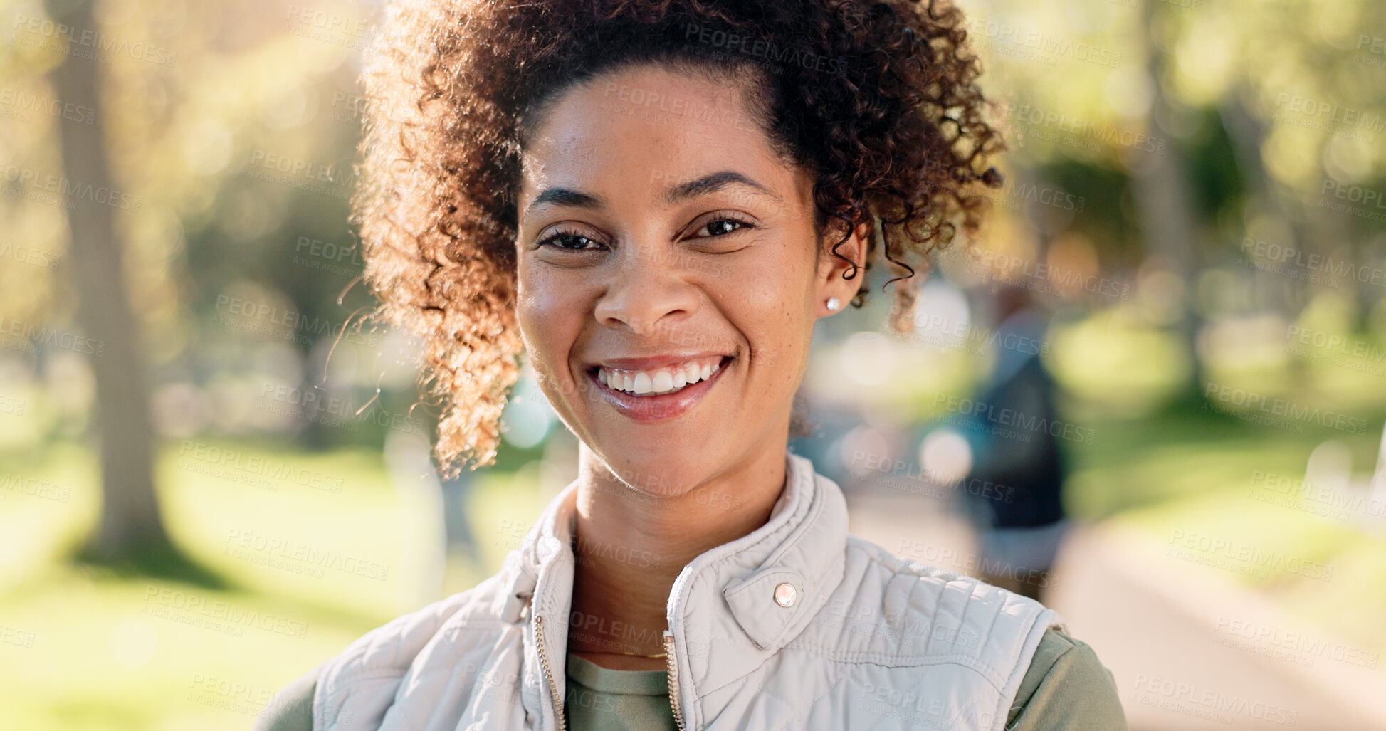 Buy stock photo Happy woman, portrait and volunteer with ambition for change, eco friendly environment or help in nature. Face of young female person with smile for NGO, go green or community service at outdoor park