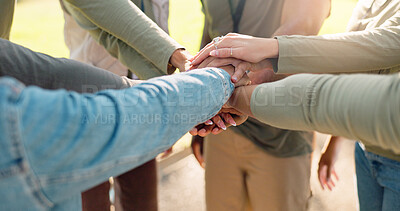 Buy stock photo Hands, people and volunteer for climate change, stack and support for motivation, teamwork and eco friendly. Closeup, group or friends in park, gesture and circle for cooperation, nature or earth day