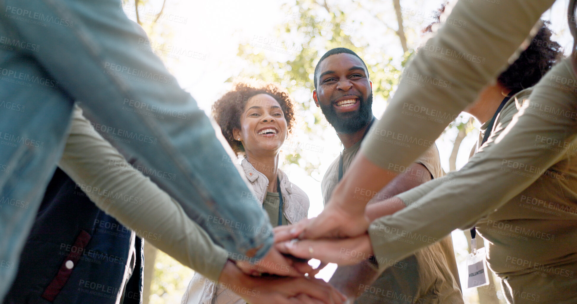 Buy stock photo Hands, people and volunteer for environment, stack and support for motivation, teamwork and eco friendly. Closeup, group or friends in park, gesture and circle for climate change, nature or earth day