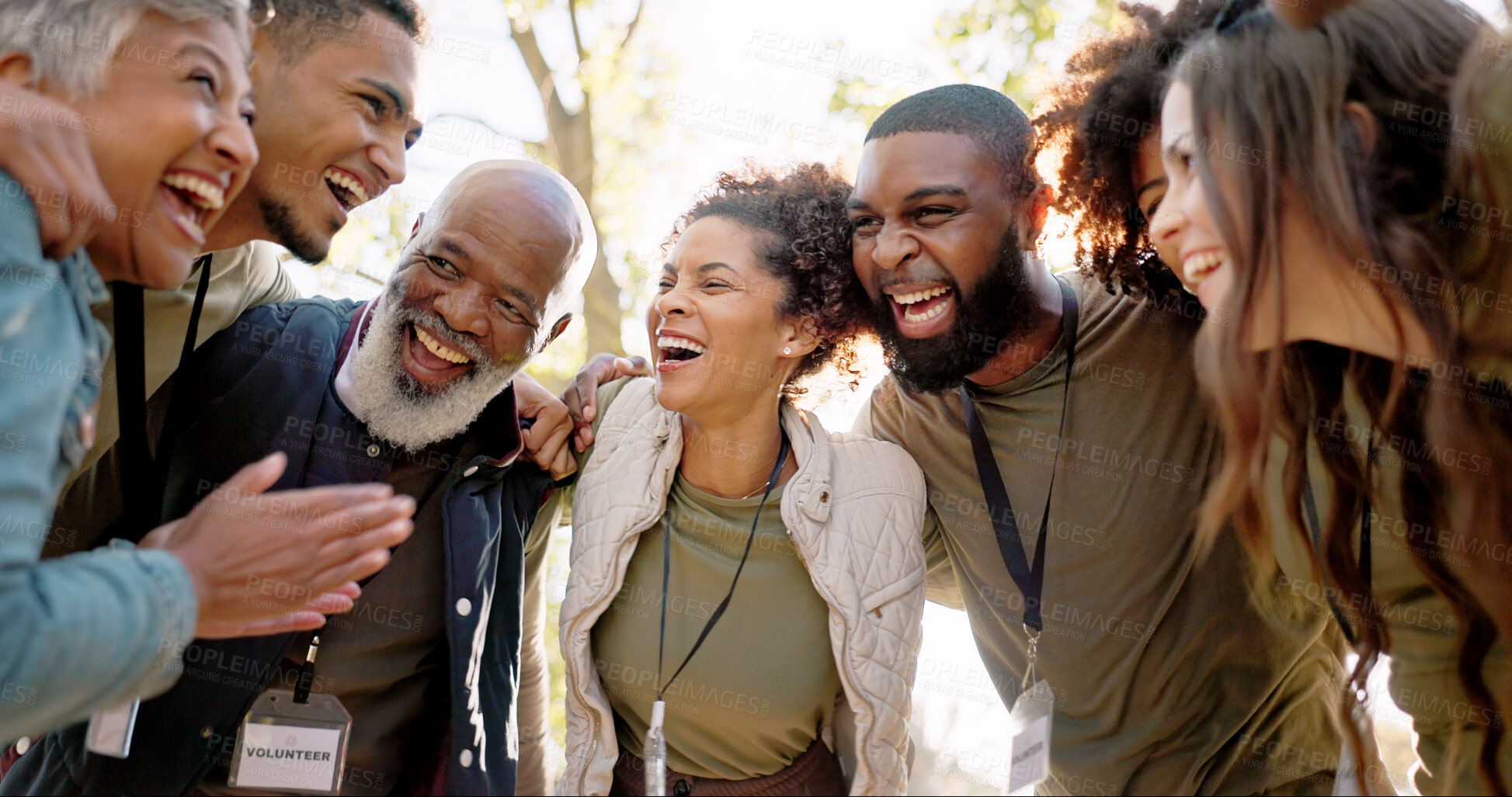 Buy stock photo Huddle, excited and group of people outdoor with collaboration, teamwork and solidarity for charity work. Hug, smile and volunteer or ngo in park with cooperation, community and together for support