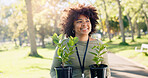 Volunteer, happy woman and plants at park for earth day, gardening or thinking of sustainability in nature. Ecology, pot and person with tree for environment conservation, growth or community service