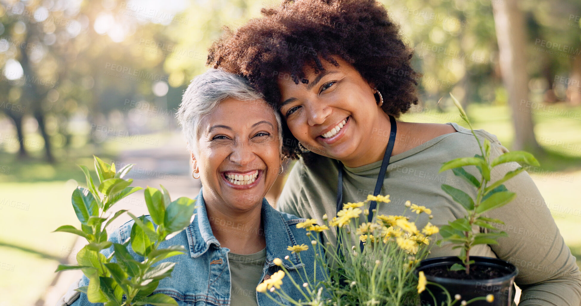 Buy stock photo Volunteer, team and portrait of women with plants at park for gardening, earth day or sustainability in nature. Smile, people and flowers for community service, environment and conservation charity