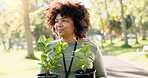 Volunteer, woman and plants at park for gardening, earth day and thinking of sustainability in nature. Ecology, pot and person planting tree for environment conservation, growth and community service