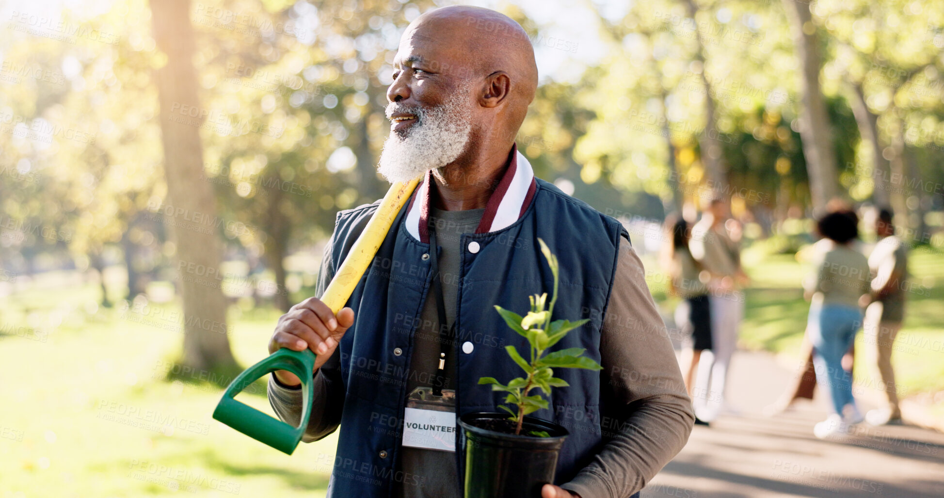 Buy stock photo Outdoor, cleaning and environment with volunteer, man and earth day with sunshine, spade and spring. African person, charity and equipment for eco friendly, community service and ecology for growth