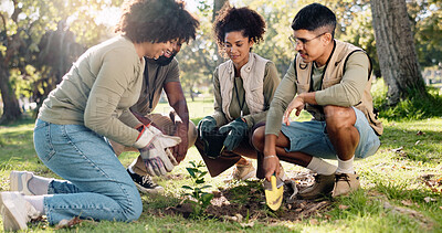 Buy stock photo Teamwork, planting and community project in nature, park and garden for sustainable environment. Group work, climate change and happy volunteers with flower, growth and green ecology for earth day